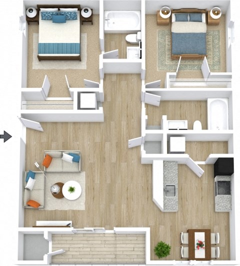 3-D floor plan of a 2BR/2BA apartment at Crystal Lake Apartments in Pensacola, FL
